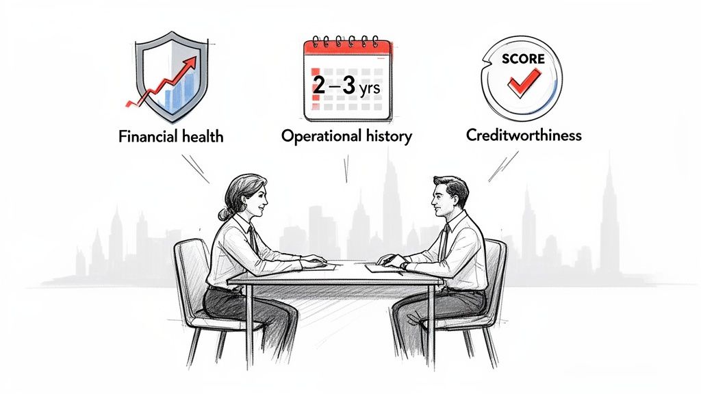 An illustration of a man and woman discussing loan eligibility, focusing on financial health, operational history, and creditworthiness.