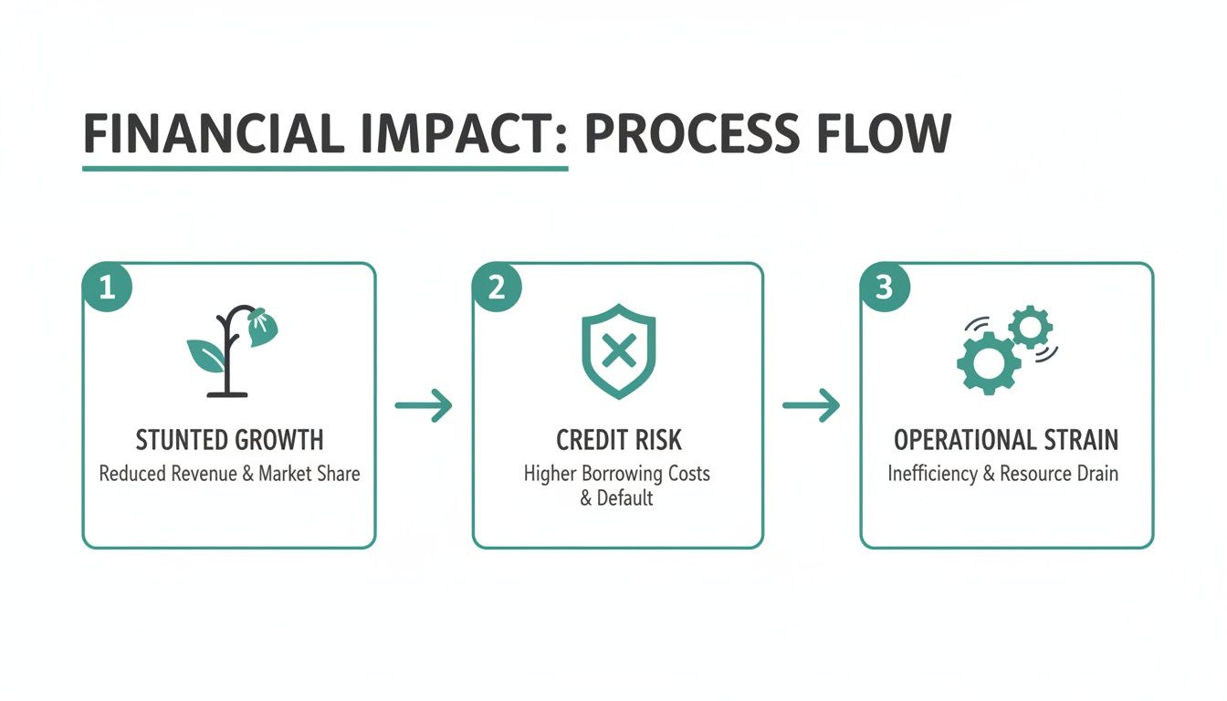 A process flow diagram illustrating financial impacts: stunted growth, credit risk, and operational strain.