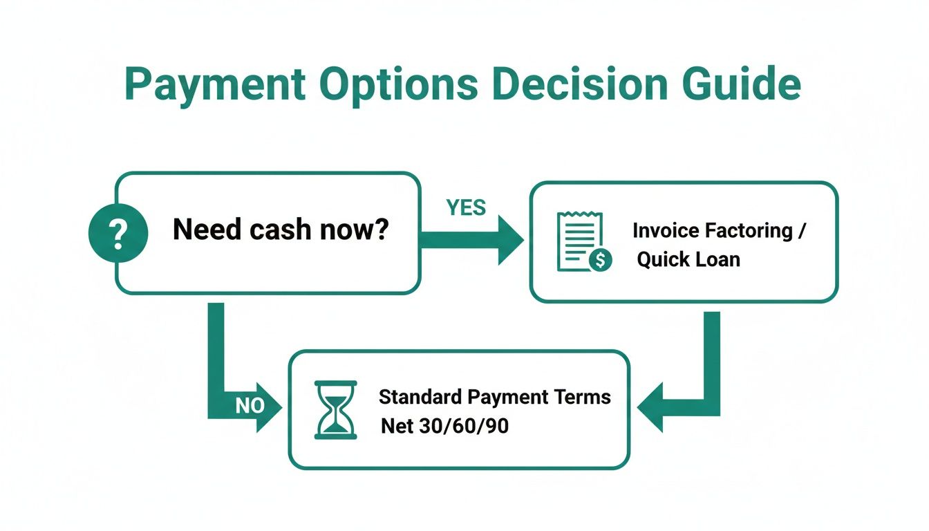 A flowchart showing payment options decision guide, leading to invoice factoring or standard payment terms.