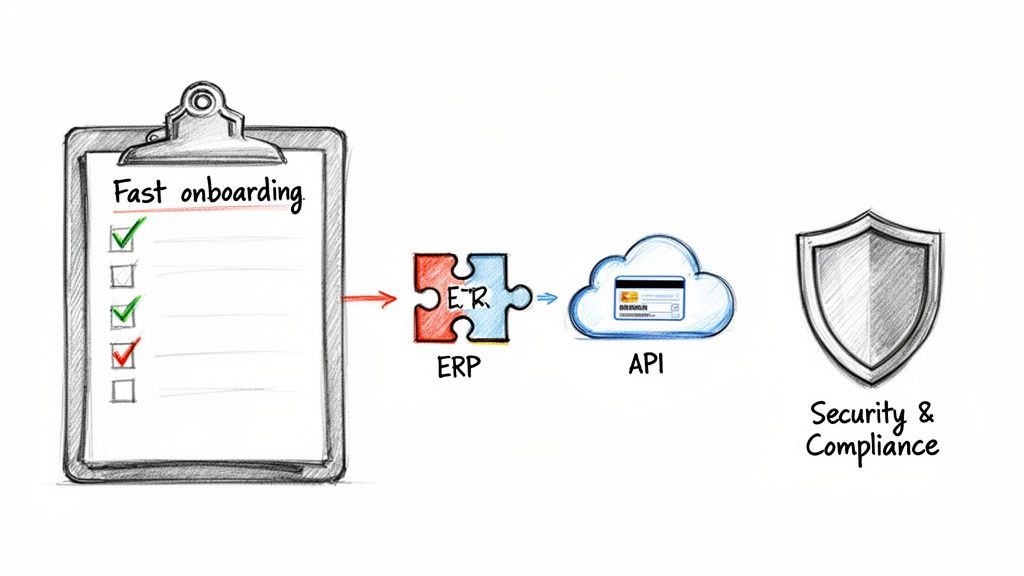 Diagram illustrating fast onboarding through ERP and API integration, leading to security and compliance.