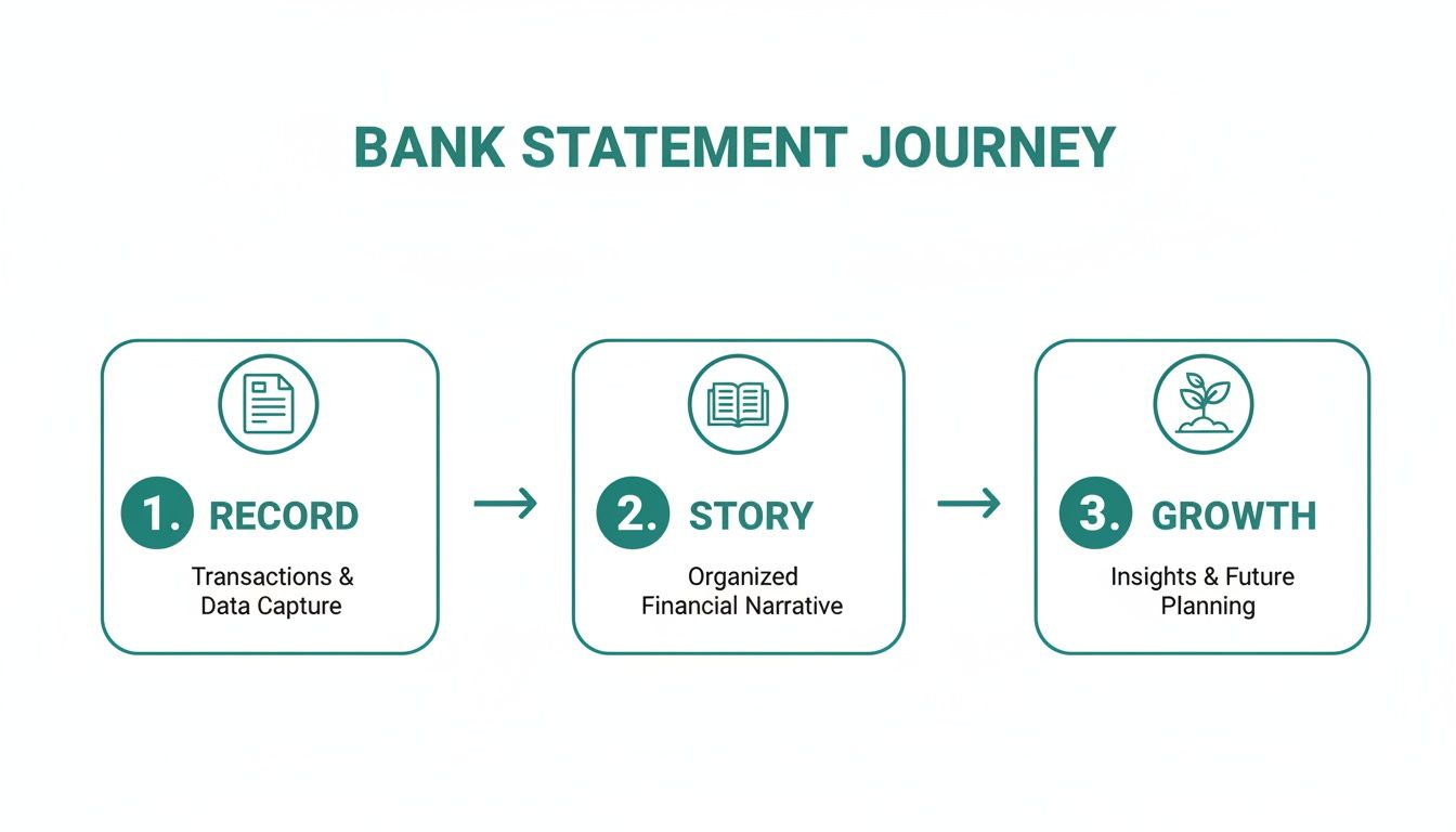 A three-step infographic illustrating the bank statement journey: Record, Story, and Growth, with descriptions.
