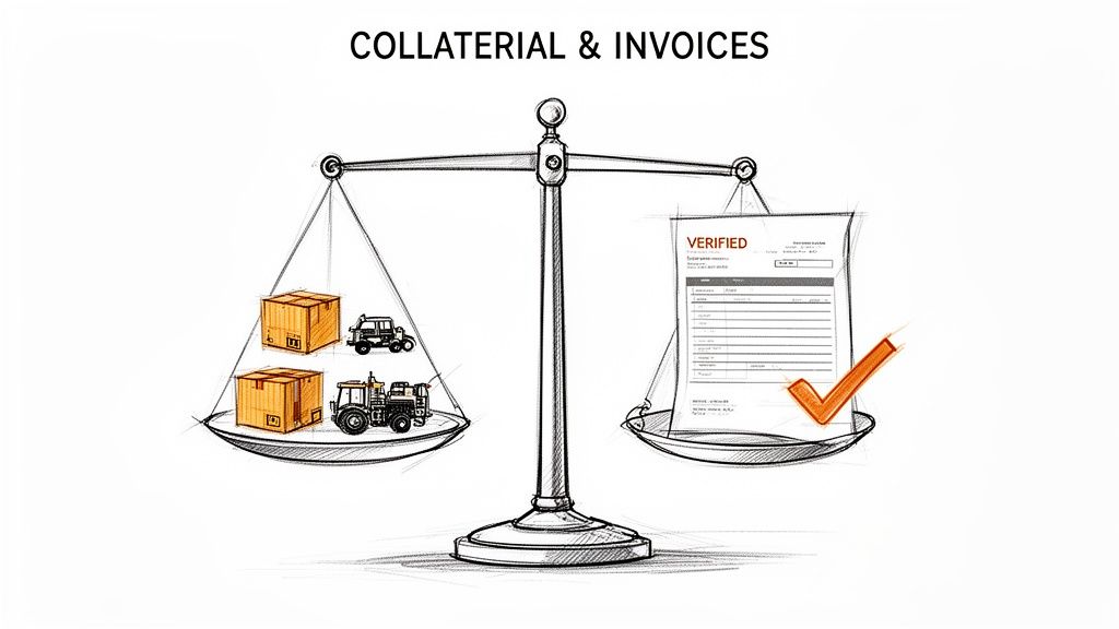 A balance scale weighing physical collateral (boxes, vehicles) against a verified invoice document, demonstrating how invoices can be used as collateral.