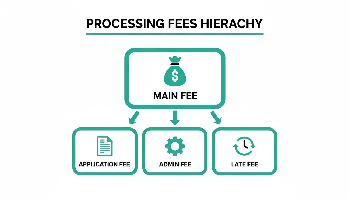 A diagram illustrating the processing fees hierarchy, showing main fee broken down into application, admin, and late fees.