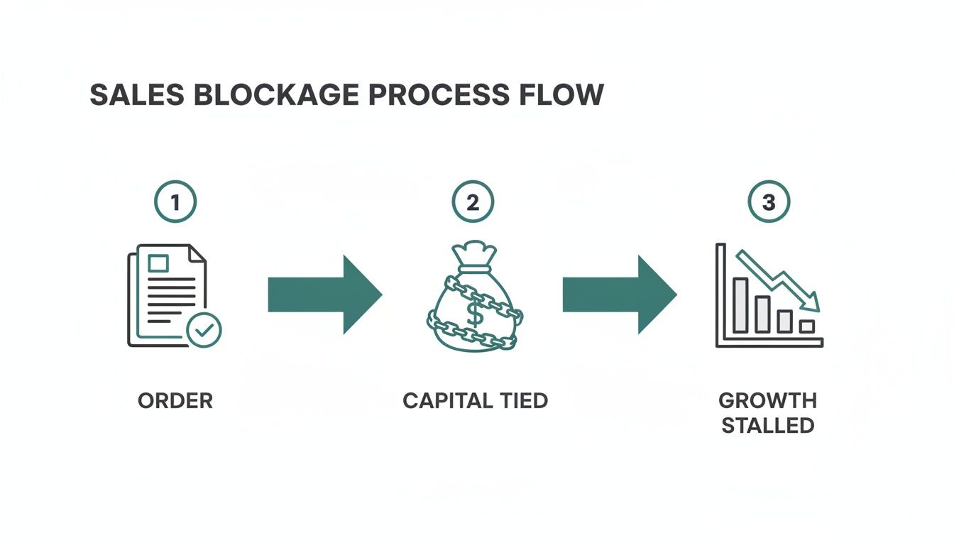 Diagram illustrates a sales blockage process flow: orders lead to tied capital, resulting in stalled growth.