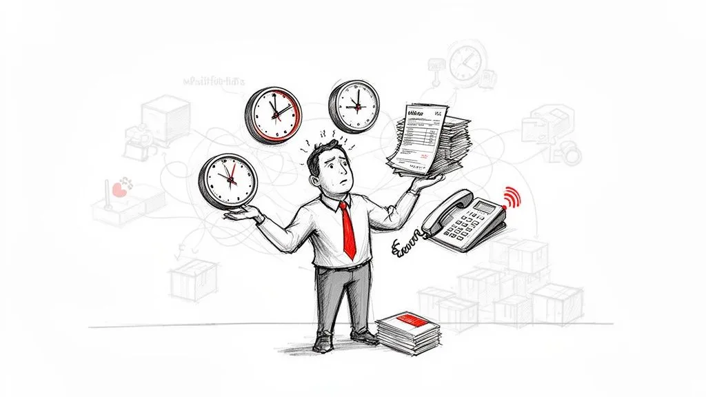 A stressed man juggles clocks, papers, and a ringing phone, overwhelmed by tasks.