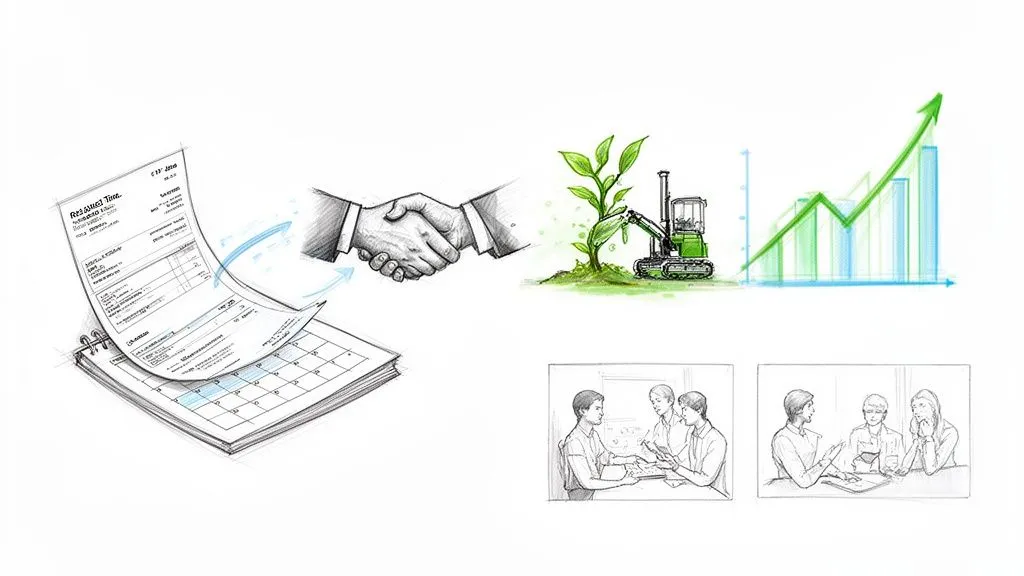 Sketches of financial documents, business handshake, green growth, rising bar graph, and team meetings.