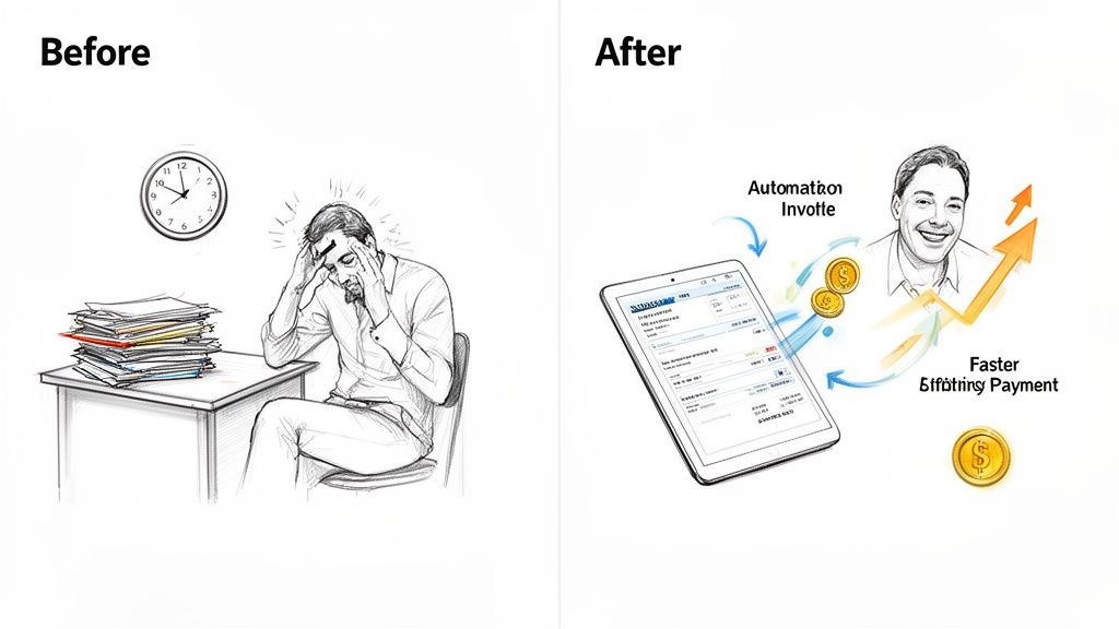 Before and after: a stressed man with piles of papers transforms into a smiling man using e-invoicing automation for faster payments.