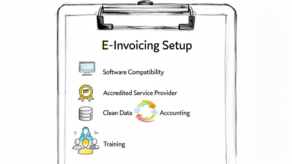 E-Invoicing Setup requirements on a clipboard with icons for software, provider, data, and training.