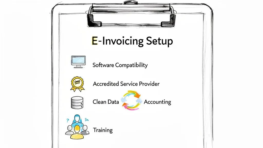 E-Invoicing Setup requirements on a clipboard with icons for software, provider, data, and training.