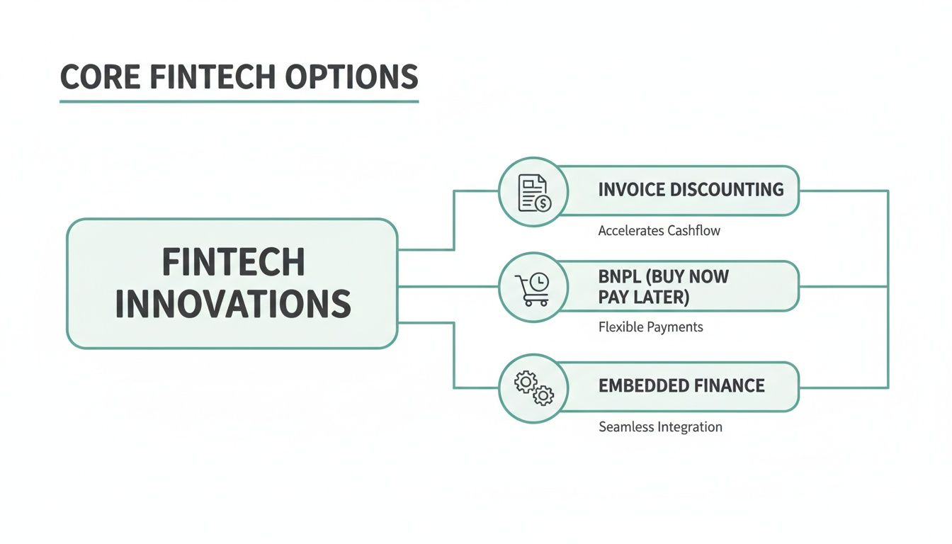 Flowchart showing core fintech options: invoice discounting, BNPL (Buy Now Pay Later), and embedded finance.