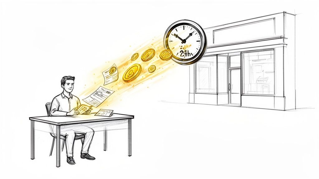 An illustration of a man processing documents at a desk, with money and papers flowing towards a business in 24 hours.