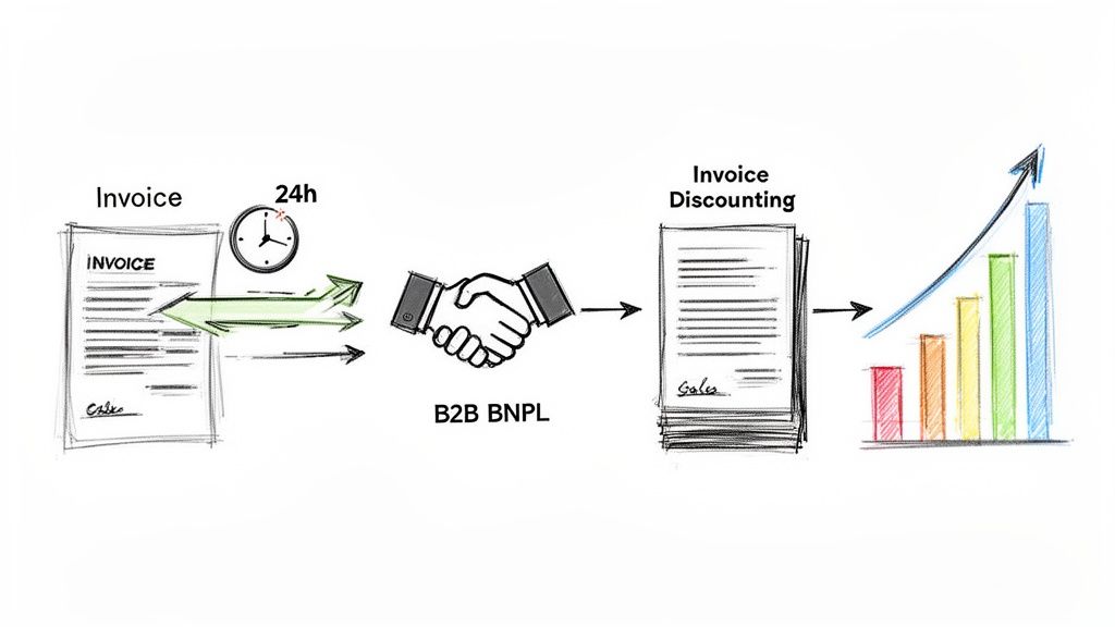 A diagram illustrating B2B BNPL and invoice discounting accelerating business growth within 24 hours.