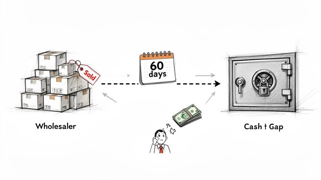 Illustrative diagram showing a wholesaler's 60-day credit period leading to a cash flow gap.