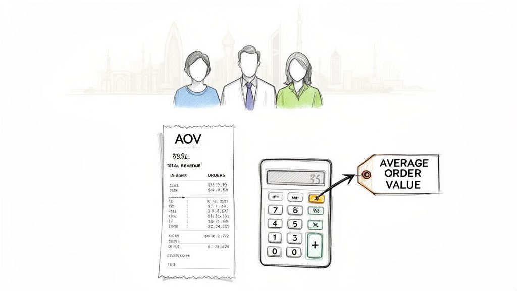 Illustration showing average order value calculation, a receipt, a calculator, people, and a city skyline.
