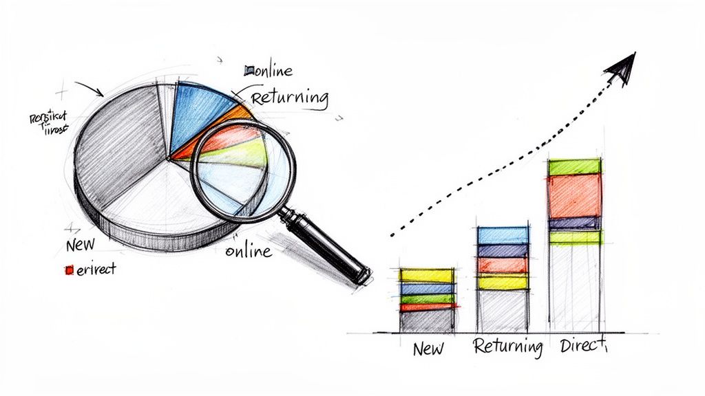 Hand-drawn business charts illustrating customer acquisition data, return rates, and overall growth.