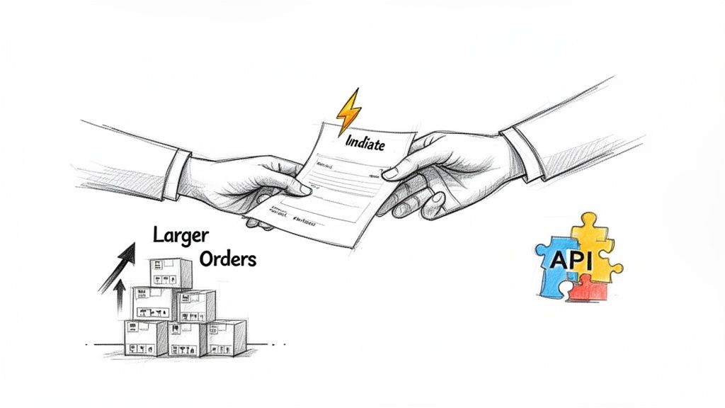 Sketch of hands exchanging a document near growing stacks of orders and colorful API puzzle pieces.