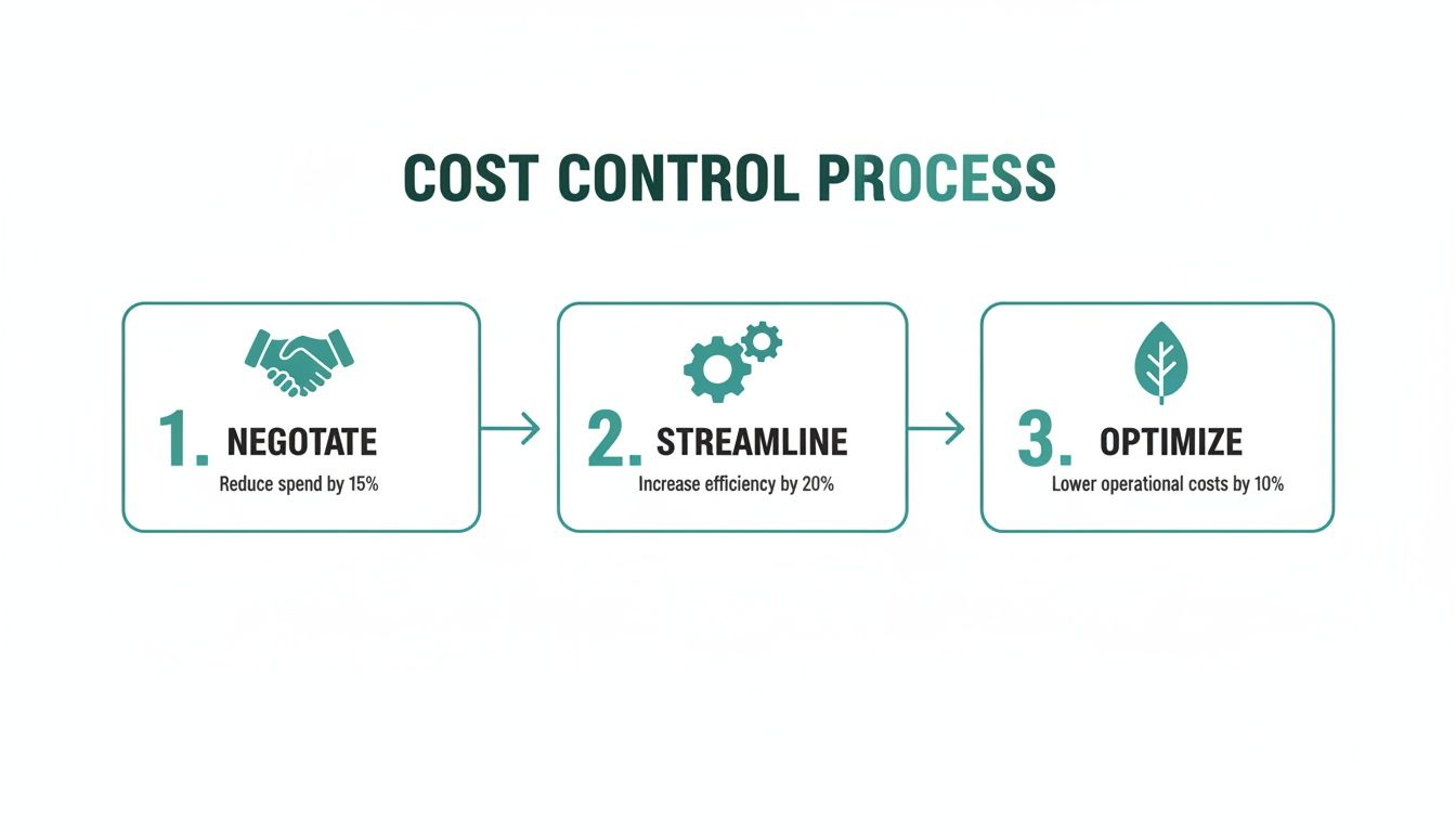 A three-step cost control process diagram showing negotiate, streamline, and optimize actions to increase profit.