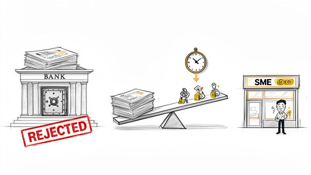 Illustration of a bank rejecting a loan application, complex documentation, and a frustrated small business owner.