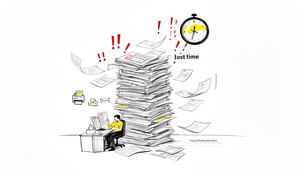 A person overwhelmed by a massive stack of paperwork, flying documents, and a clock indicating lost time.