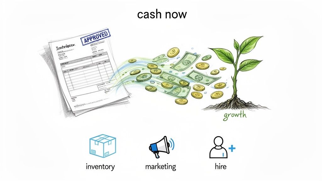 Approved invoice providing cash flow for business growth, inventory, marketing, and hiring.