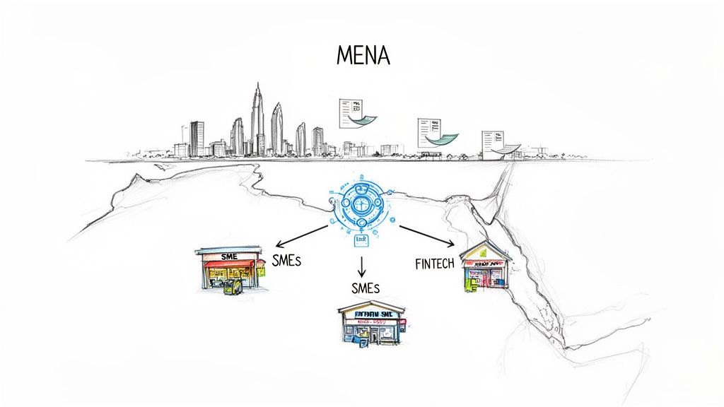 Diagram illustrating MENA region's digital hub linking SMEs and FinTech companies with data flow.