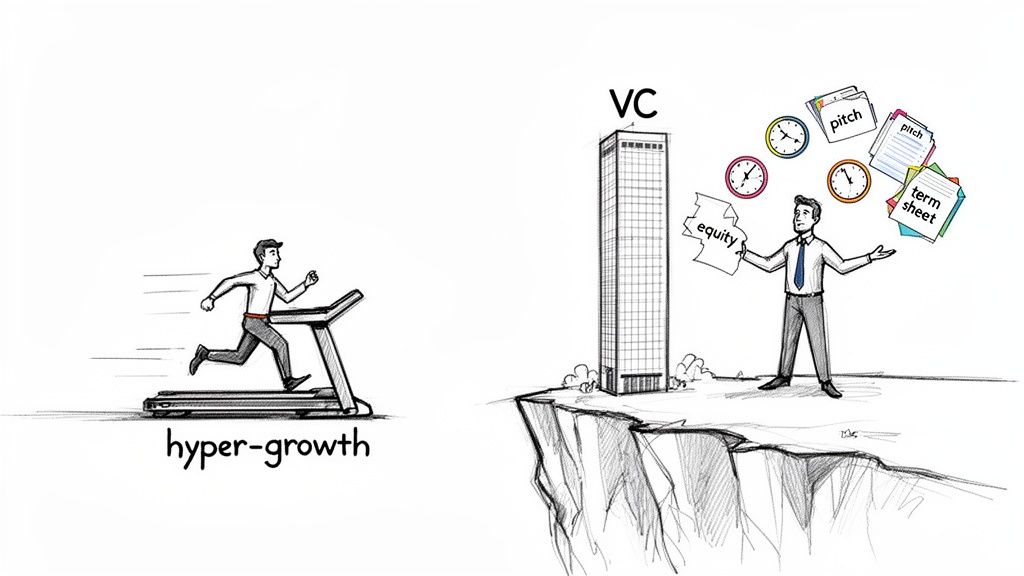 A startup founder on a hyper-growth treadmill, seeking VC funding by juggling pitches, term sheets, and equity.