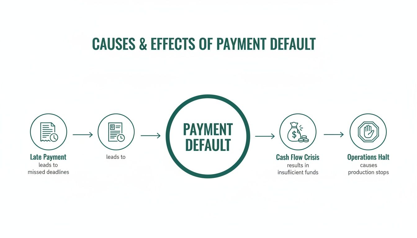 Flowchart showing the causes and effects of payment default: late payment, missed deadlines, cash flow crisis, and operations halt.
