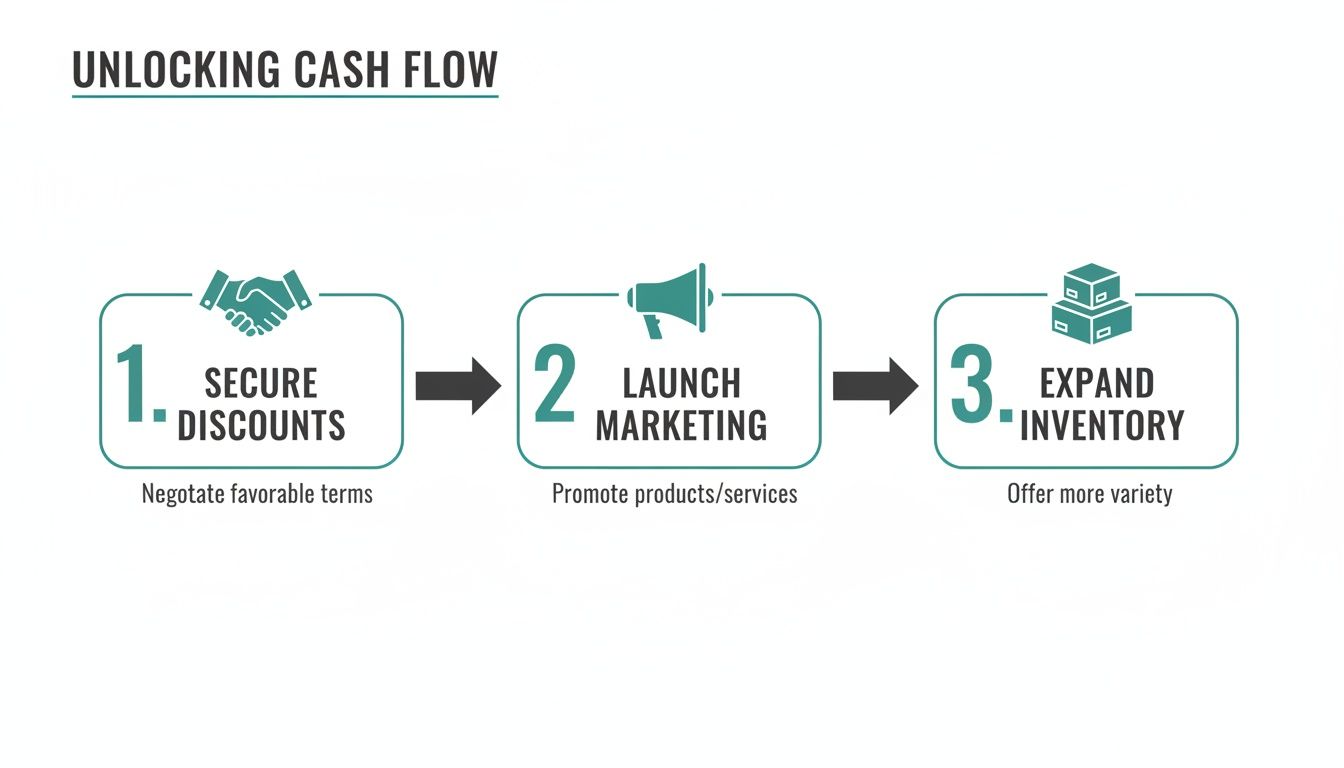 A three-step process diagram for unlocking cash flow: secure discounts, launch marketing, and expand inventory.
