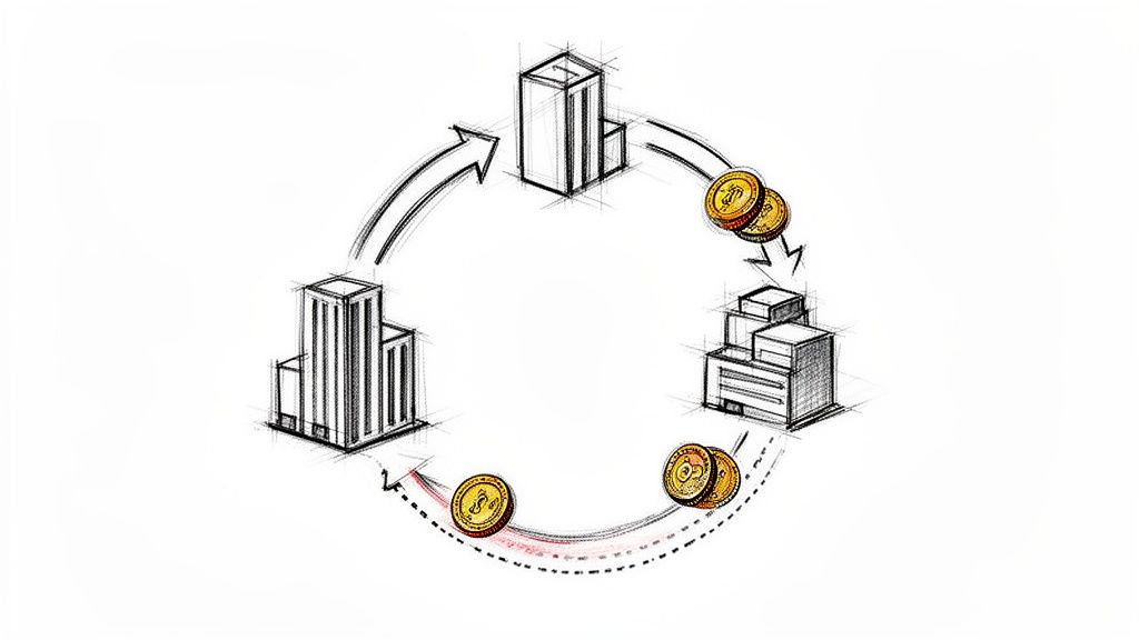 Hand-drawn illustration of money flowing in a cycle between three businesses, hinting at fraud.