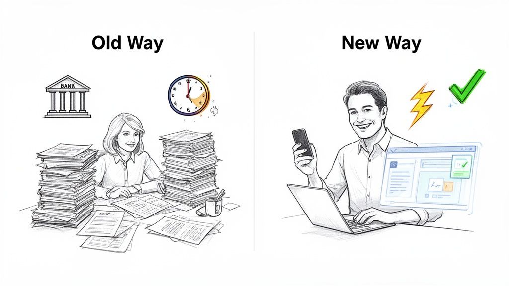 Illustration contrasting slow, paper-heavy traditional business operations with fast, modern digital solutions.