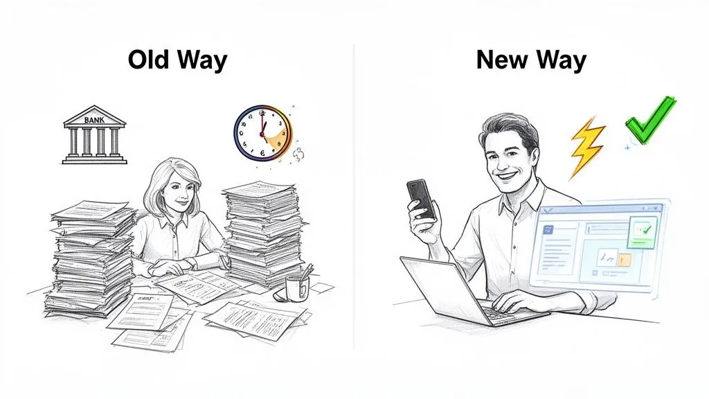 Illustration contrasting slow, paper-heavy traditional business operations with fast, modern digital solutions.