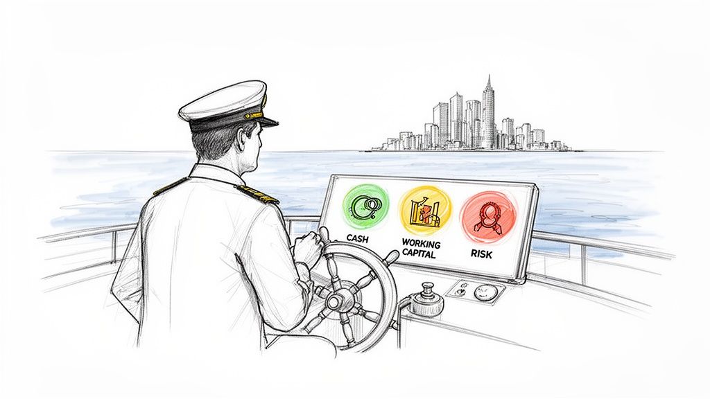A captain pilots a boat with a screen displaying cash, working capital, and risk, heading towards a city.