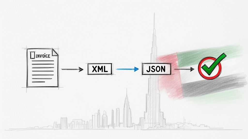 Invoice data transformed from XML to JSON, leading to successful e-invoicing approval in UAE.