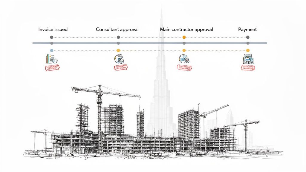 Construction project timeline showing invoice issuance, consultant approval, main contractor approval, and payment process.