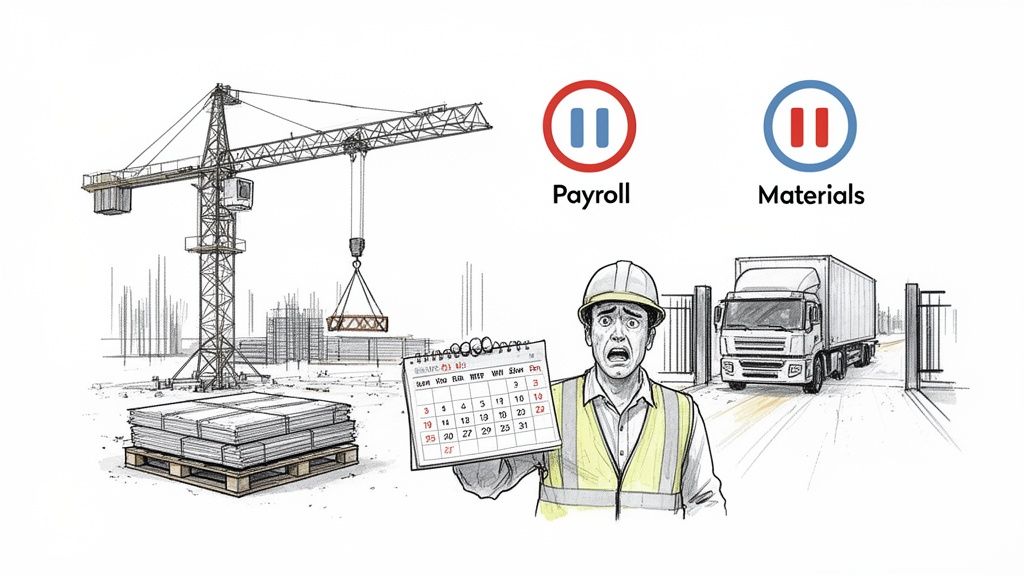A distressed construction worker holds a calendar at a paused construction site, indicating delays.