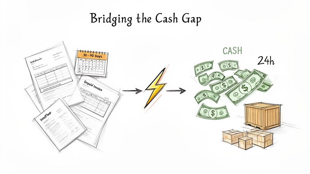 Illustration showing unpaid invoices and a calendar (30-90 days) transforming into immediate cash and goods within 24 hours, bridging the cash gap.