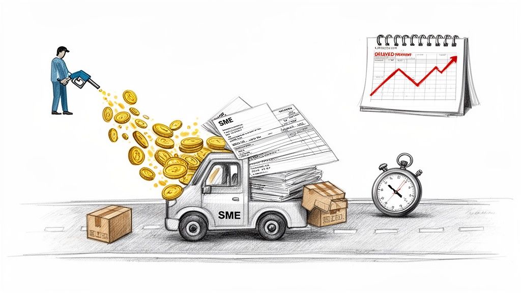 An illustration of a person fueling an SME truck with money, surrounded by invoices, delayed payments, and time pressure.