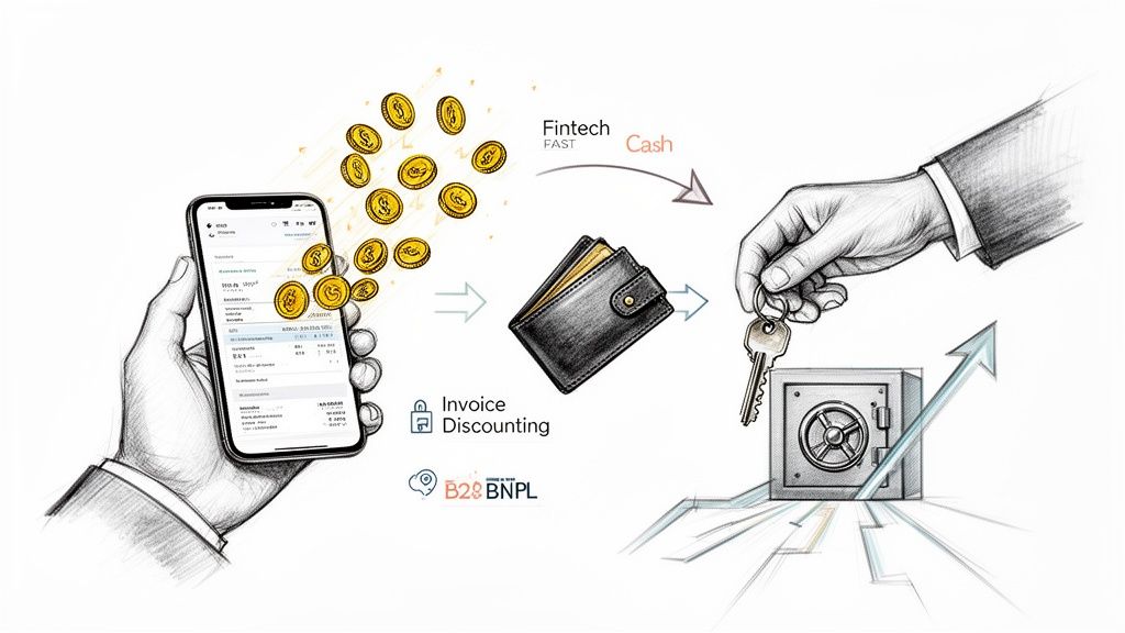 Illustration depicting digital financial transactions and fintech solutions leading to business growth for SMEs.
