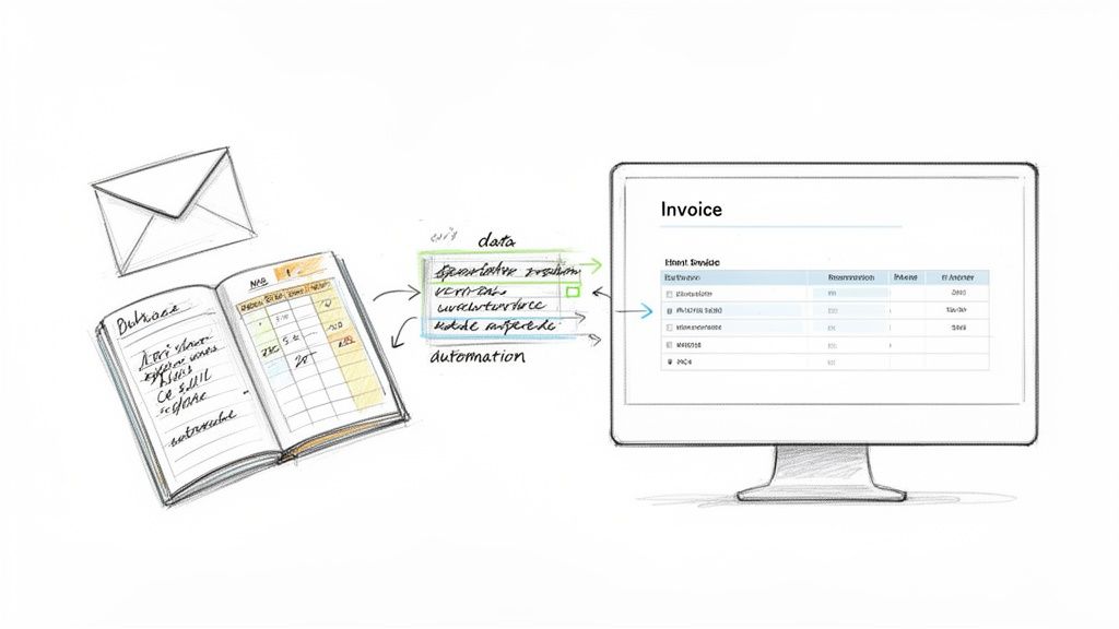 Hand-drawn workflow showing data entry from a ledger into a digital invoice on a computer monitor, illustrating automation.