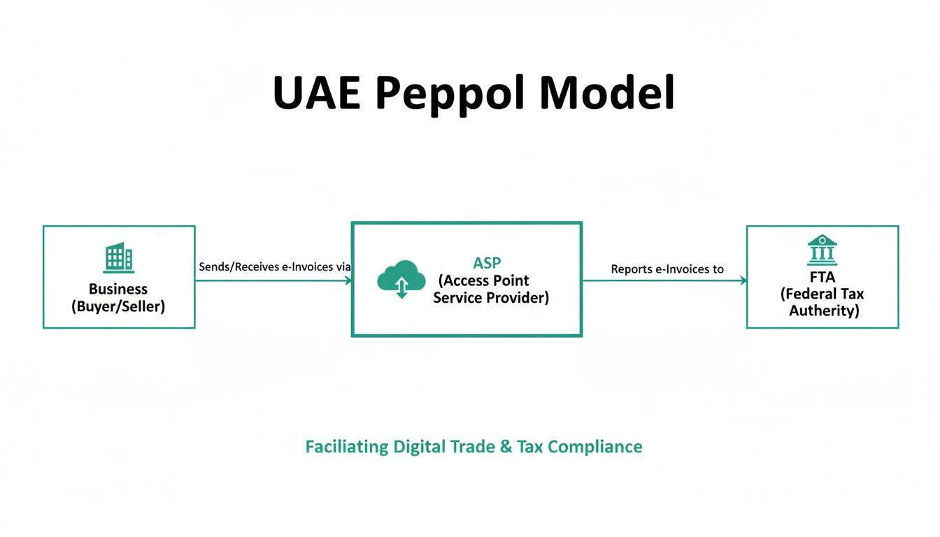 Diagram illustrating the UAE Peppol Model for e-invoicing, detailing business, ASP, and FTA interactions.