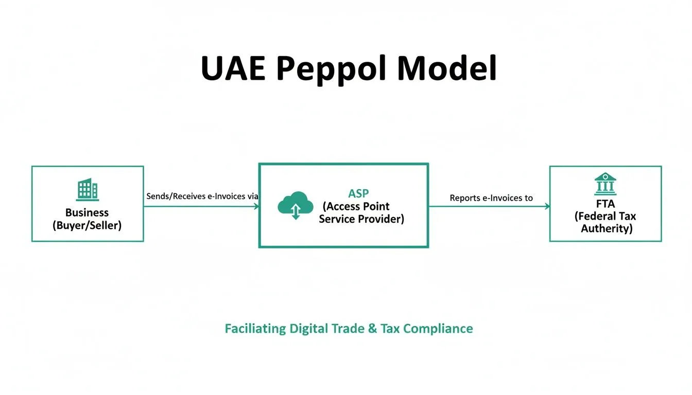 Diagram illustrating the UAE Peppol Model for e-invoicing, detailing business, ASP, and FTA interactions.