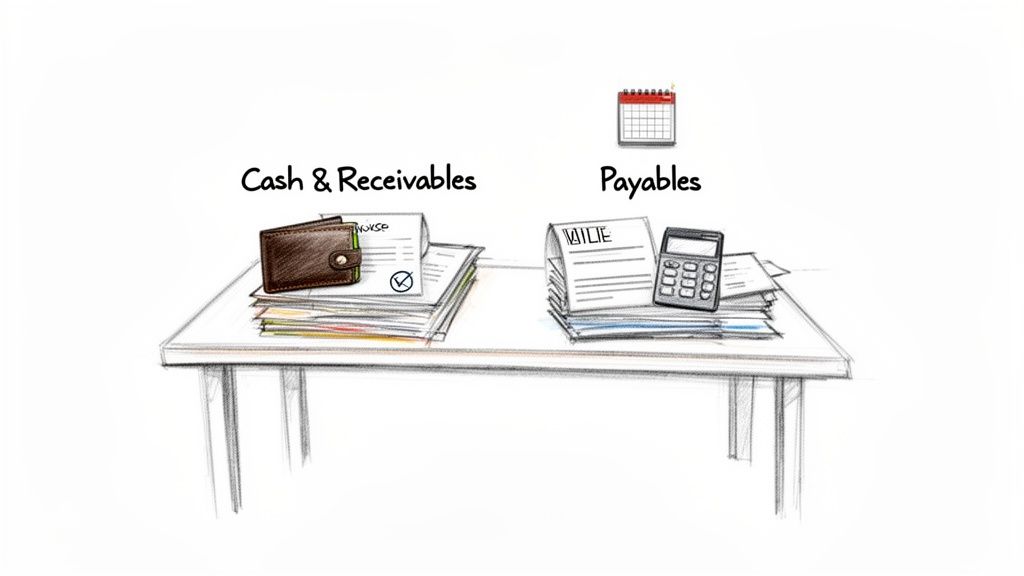 Illustration of financial concepts: Cash & Receivables with a wallet and Payables with a calculator on a table.