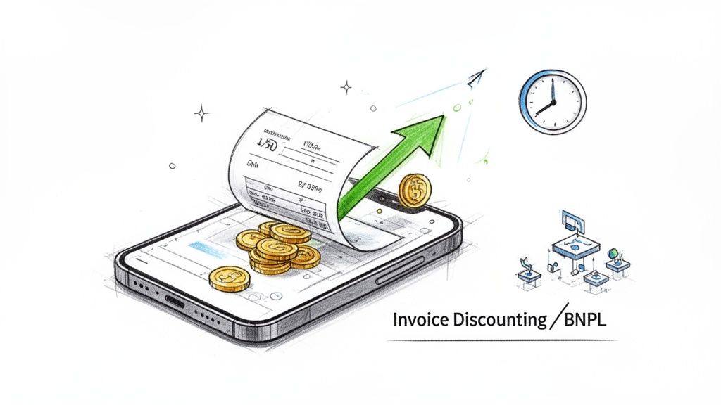A sketch illustrating invoice discounting with a smartphone, paper invoice, coins, and an upward arrow.