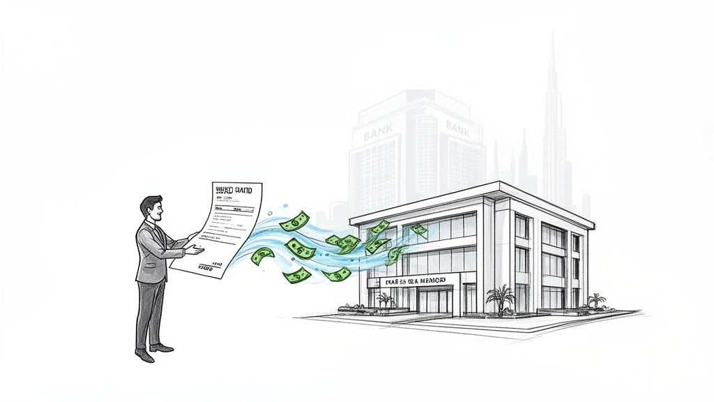 An illustration of a man holding a document, with money flowing into a modern bank building.