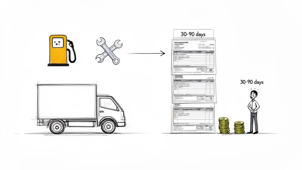 An illustration of a logistics company's expenses: fuel, maintenance, invoices, and delayed payments, indicating financial strain.