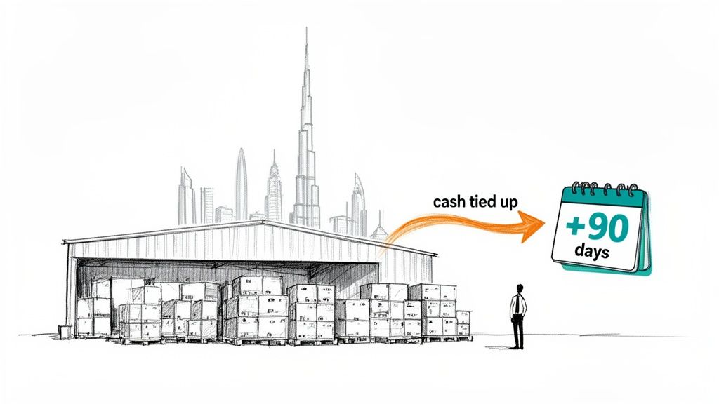 Illustration of a warehouse full of inventory, Dubai skyline, and a calendar showing +90 days for tied-up cash.