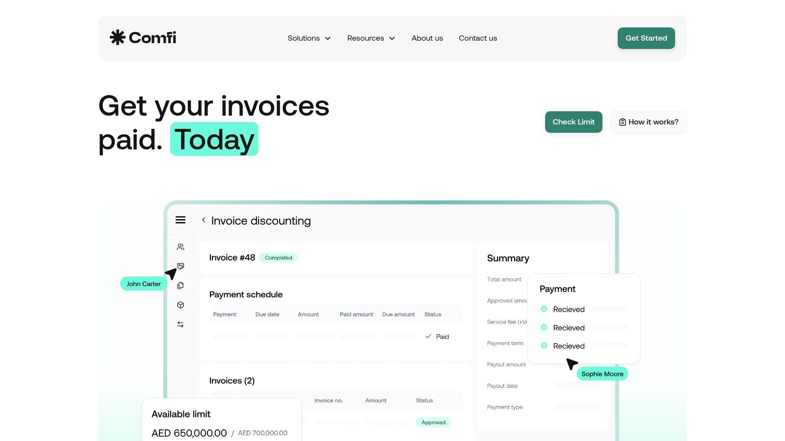 Comfi's invoice dashboard shows a clear overview of submitted and funded invoices.