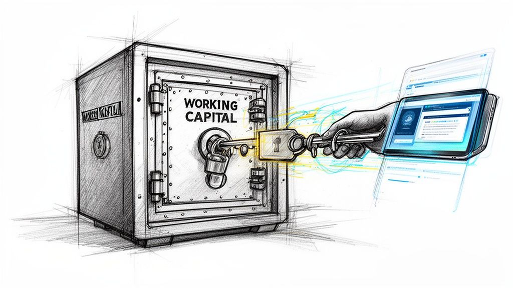 A digital illustration showing a hand using a tablet to unlock a vault labeled Working Capital.