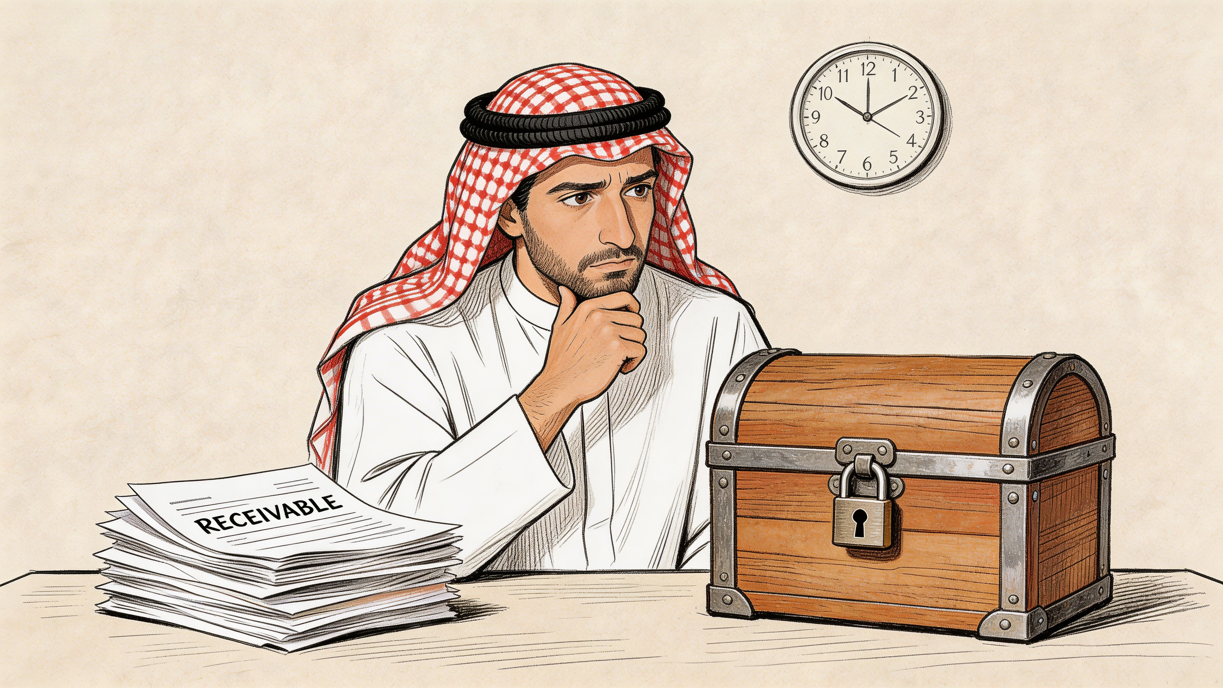 A contemplative man in traditional Saudi attire looking at a stack of invoices and a locked treasure chest.