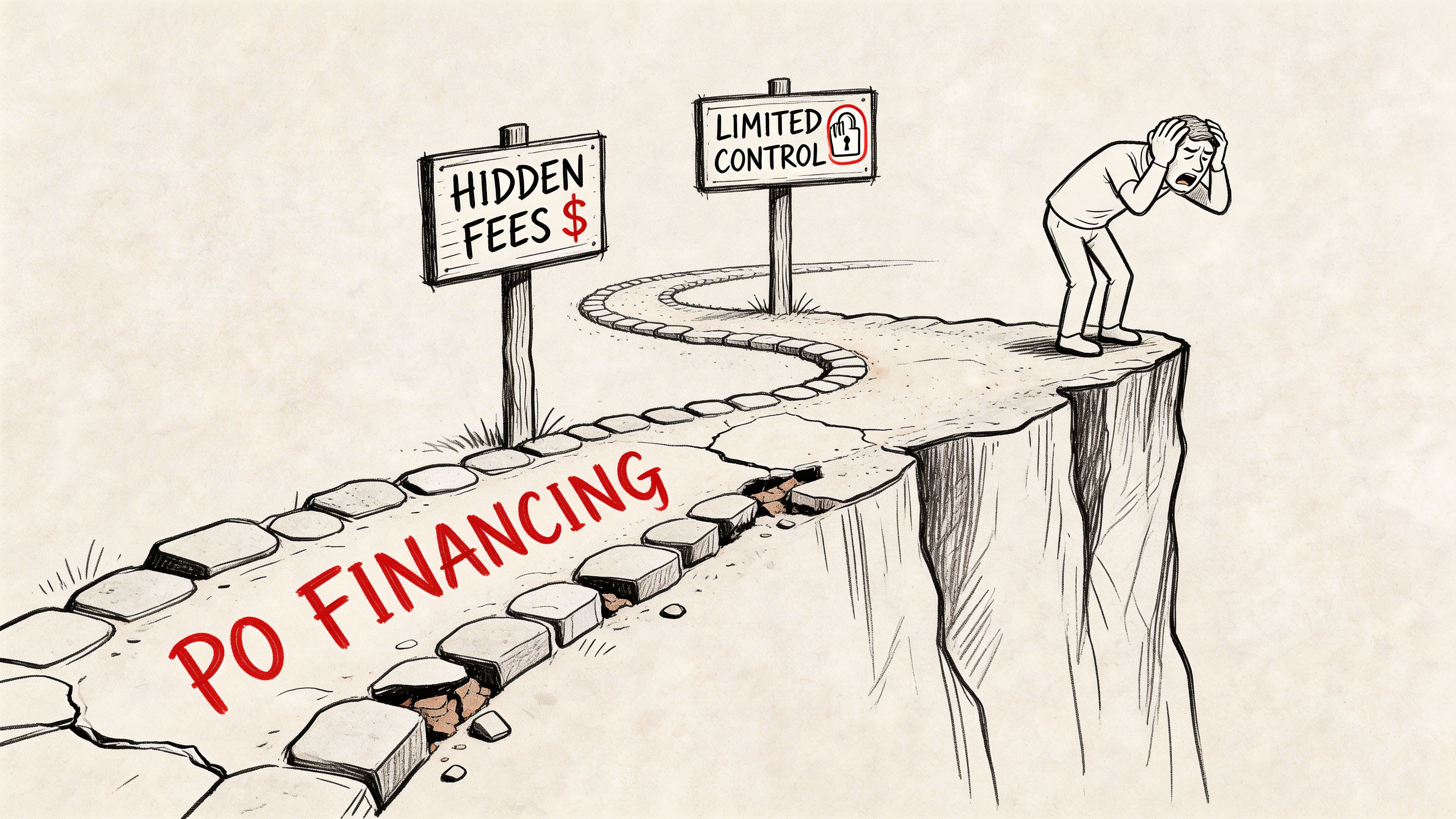 A distressed businessman standing on a crumbling path representing the risks and pitfalls of purchase order financing.